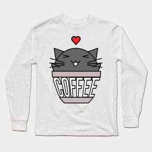 Happy cat in coffee cup with warped text heart on head black Long Sleeve T-Shirt